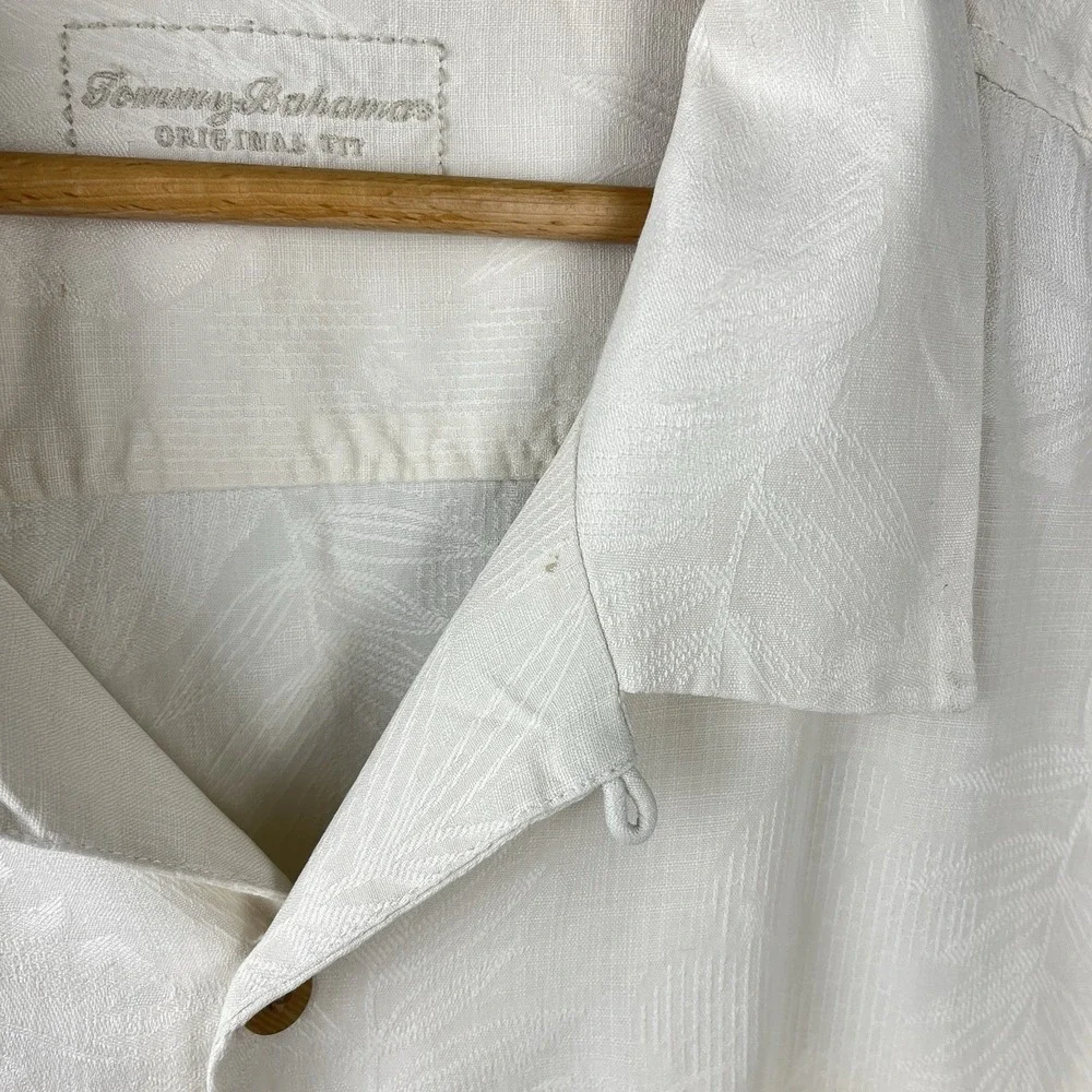 Tommy Bahama Silk Shirt Mens 3XL Ivory Jacquard Leaf Feather Short Sleeve